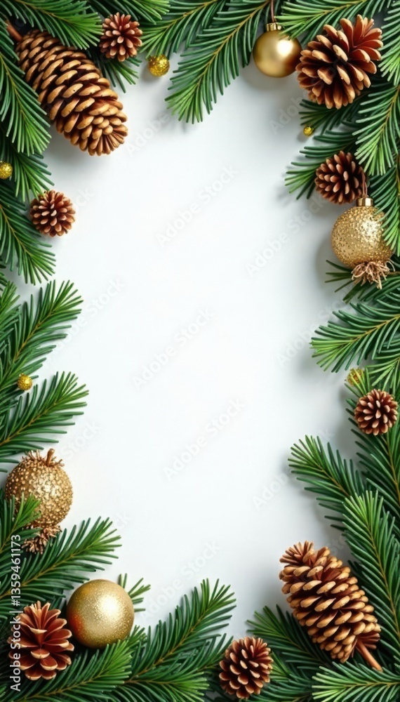golden pine cones and fir branches create a natural festive border, evergreen, coniferous golden pine cones and fir branches create a natural festive border, evergreen, coniferous
