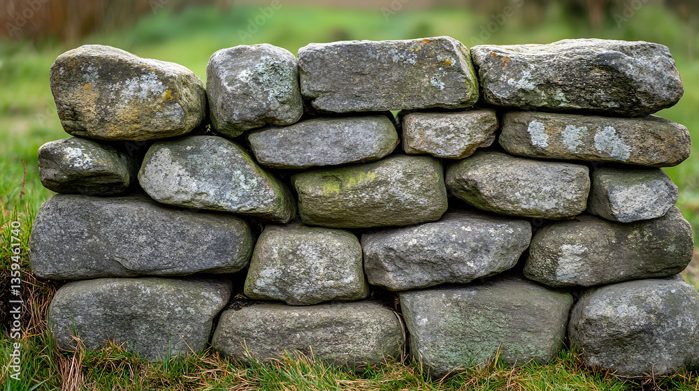 Ancient Stone Wall: A weathered stone wall constructed with rugged, irregularly shaped rocks, showcasing traditional craftsmanship, stands firm amidst a green landscape. Ancient Stone Wall: A weathered stone wall constructed with rugged, irregularly shaped rocks, showcasing traditional craftsmanship, stands firm amidst a green landscape.