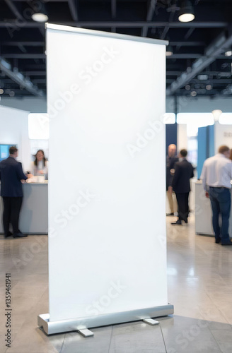 In the foreground is roll up banner blank mock up against the backdrop of a blurry technology exhibition.