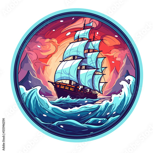 Schooner or small sailing boat for sailing on the sea. Simple flat drawings as a label or sticker.