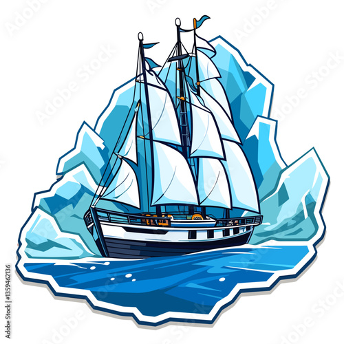 Schooner or small sailing boat for sailing on the sea. Simple flat drawings as a label or sticker.