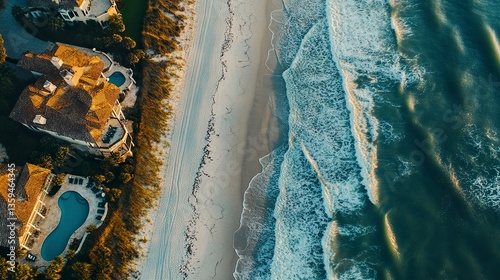 Stunning beachfront estate in Ponte Vedra, expansive terraces and pool overlooking Jacksonville's coastline, soft waves rolling ashore 