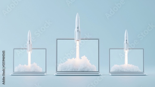 Fototapeta Naklejka Na Ścianę i Meble -  A steampunk space rocket takes off from the screen of a laptop, set against a clean, minimalist color backdrop. The detailed mechanical aesthetics of the rocket stand out, providing a striking visual