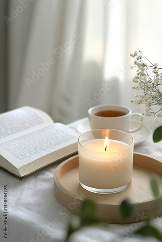 Calm reading nook with tea and candle