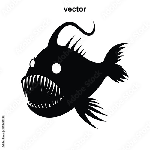 Anglerfish Silhouette: A striking silhouette of an anglerfish, a deep-sea marvel, showcases its menacing features. It is designed in a flat style, with emphasis on the terrifying look.