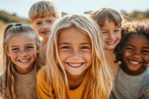 Group of children happily smiling, playing in park on sunny day.