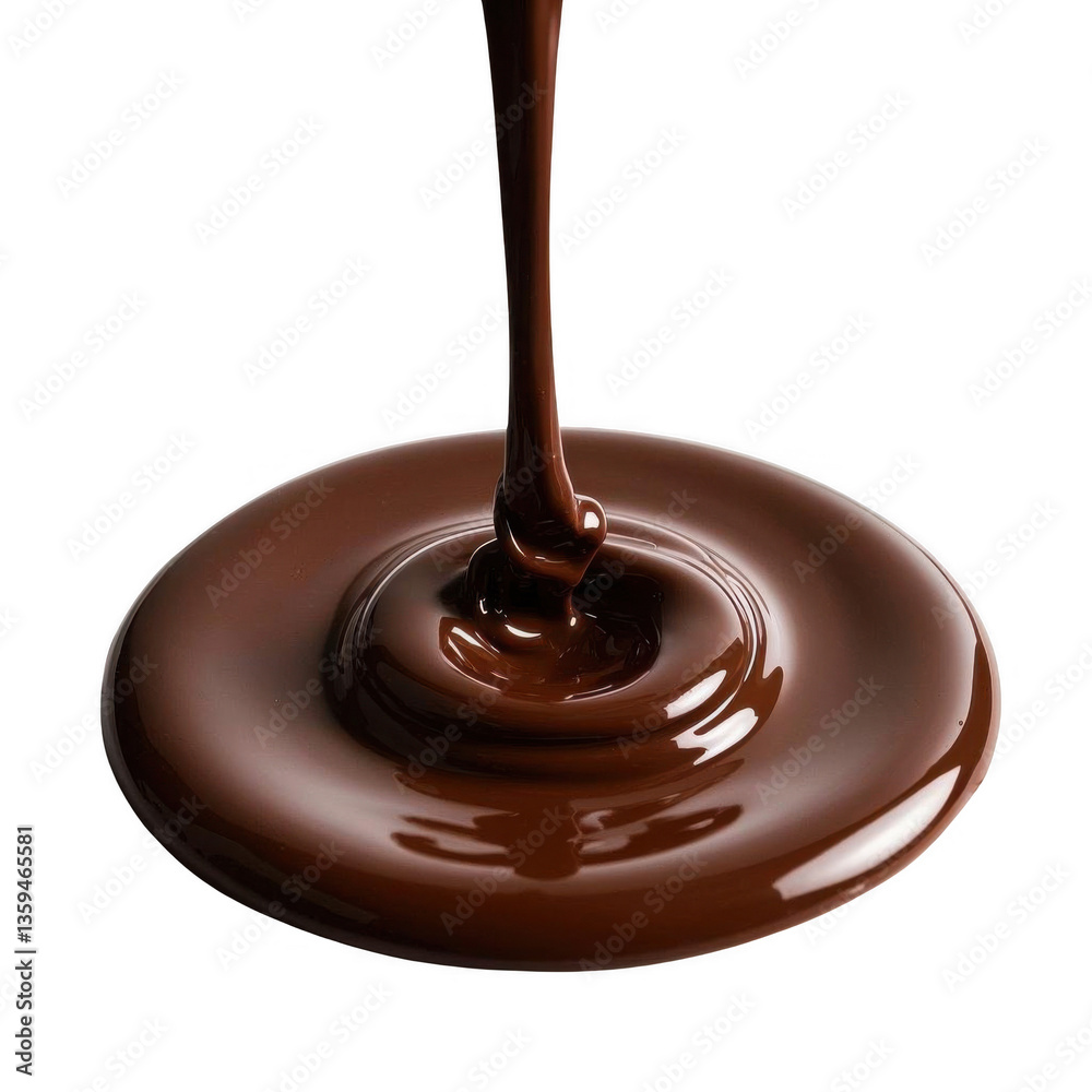 Rich dark chocolate flowing smoothly, creating a decadent swirl of pure indulgence against a bright transparent background. Rich dark chocolate flowing smoothly, creating a decadent swirl of pure indulgence against a bright transparent background.