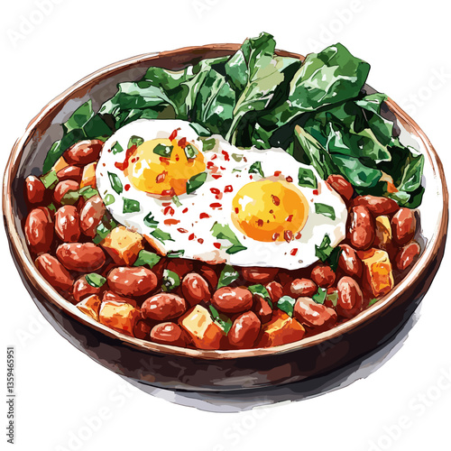Watercolor Bowl of Feijão Tropeiro with Eggs and Greens