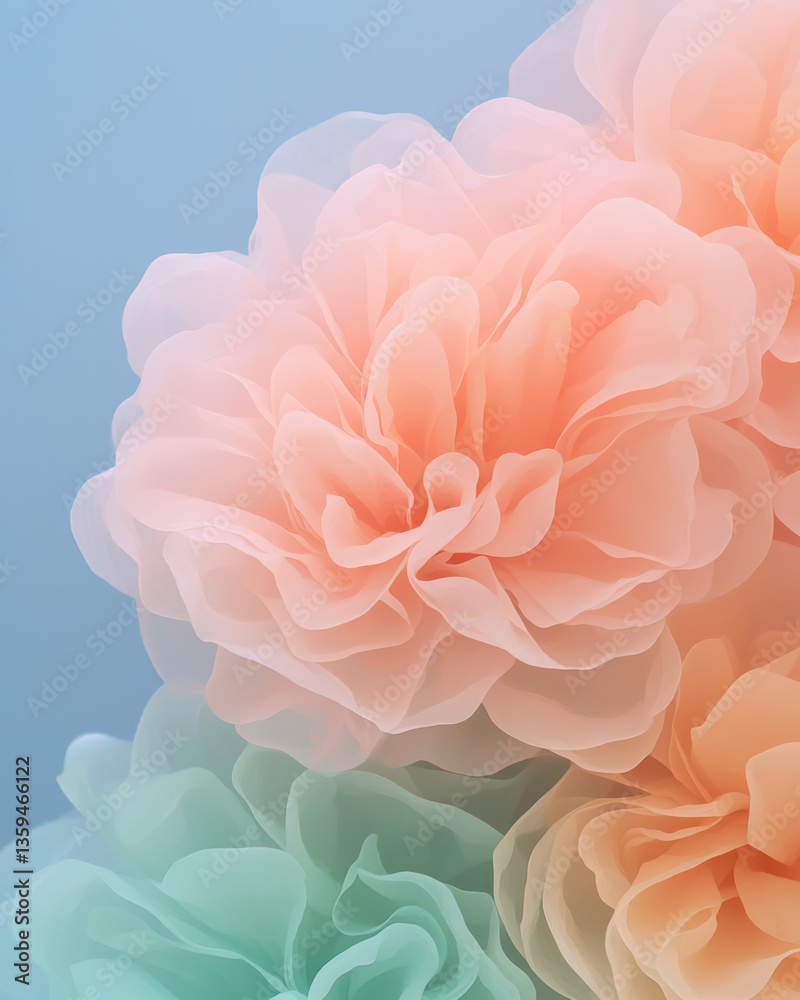 Fototapeta premium A hopeful bloom of coral and peach tones rising from a quiet misty background in soft focus