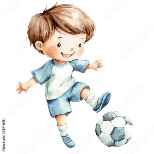 Boy kicking a soccer ball on transparent background.
