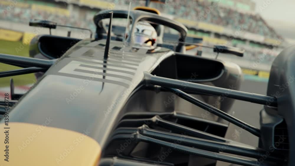 Close front view of a generic f1 race car driving around a curve. Formula one racing. Dynamic tracking shot. Multiple race cars. 3D animation rendering. New 2025 black and gold race car design