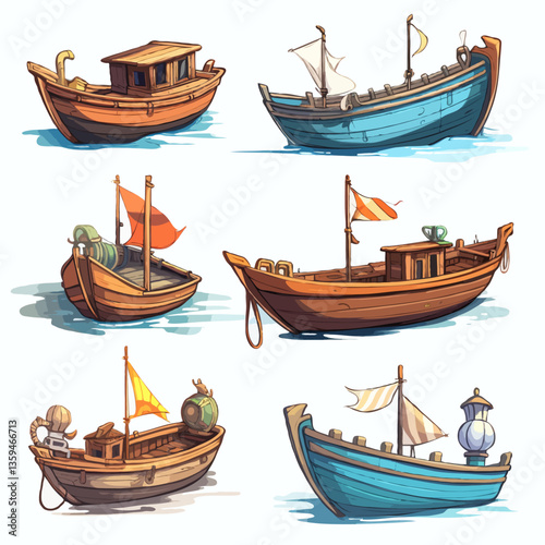 Set of excursion sailboats for transporting tourists or for fishing or for divers. Simple flat drawings.