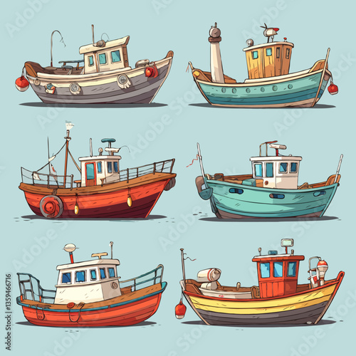 Set of sea boats for fishing or for transporting tourists or for divers. Simple flat drawings.