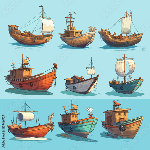 Set of excursion sailboats for transporting tourists or for fishing or for divers. Simple flat drawings.