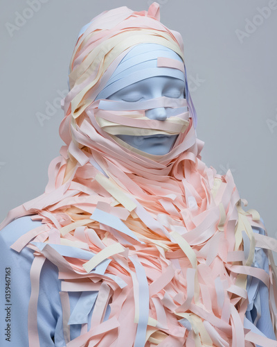 A conceptual photo of a faceless human figure wrapped in hundreds of pastel sticky notes, arranged photo