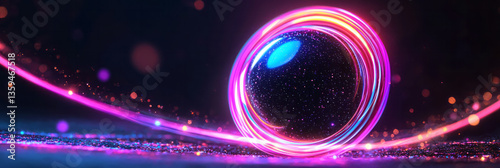A futuristic energy ball surrounded by circular light trails and subatomic particle traces in photo