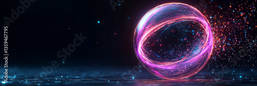 A holographic-style illustration of an energy sphere surrounded by fast-moving electrons, glowing photo