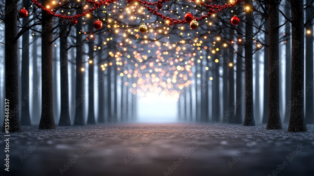 Fototapeta premium Magical Christmas Forest Path Twinkling Lights Festive Decorations Winter Wonderland