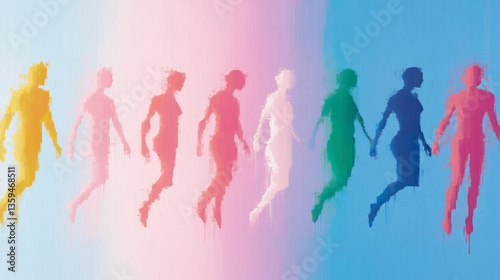 A digital art piece with human forms made of pixels, disconnected and placed into separate
