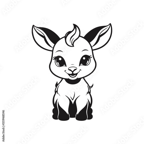 A sleek black and white vector illustration of a baby goat’s face with round, innocent eyes and a friendly look on a white background