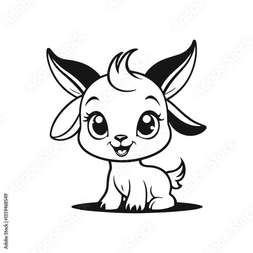 black and white vector silhouette of a baby goat’s cartoon face with a sweet smile and droopy ears on a white background