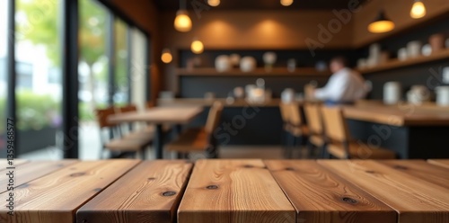 Fototapeta Naklejka Na Ścianę i Meble -  Empty wooden table top with blurred cafe background, perfect for showcasing gastronomy concepts and design mockups,  background, table
