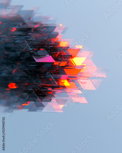 A digital concept of fragmentation using glass shards separating groups of similar forms by color