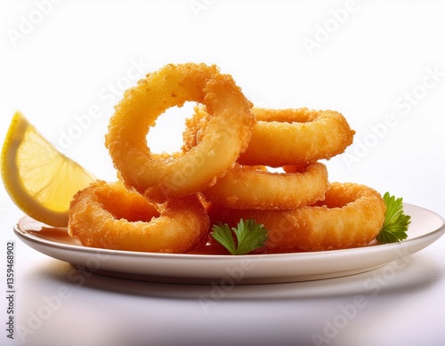 Fotografía de estudio profesional de un Plato de anillos de calamares fritos con boles pequeños de limón y salsa picante de alioli, de fondo blanco, 4k, ultra realista.