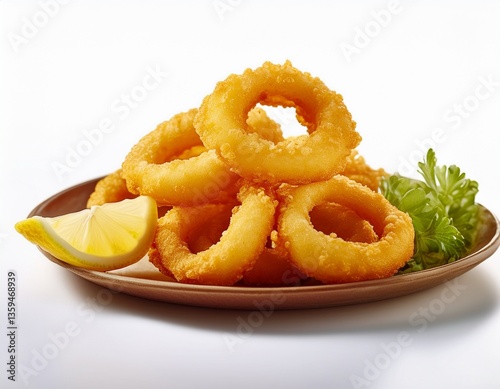 Fotografía de estudio profesional de un Plato de anillos de calamares fritos con boles pequeños de limón y salsa picante de alioli, de fondo blanco, 4k, ultra realista.