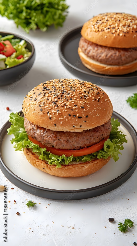 Juicy Beef Burger with Sesame Seed Bun, Lettuce, and Tomato Juicy Beef Burger with Sesame Seed Bun, Lettuce, and Tomato