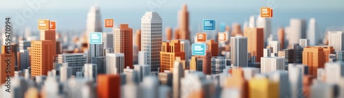 3D cityscape with floating digital price tags representing regional pricing variations photo