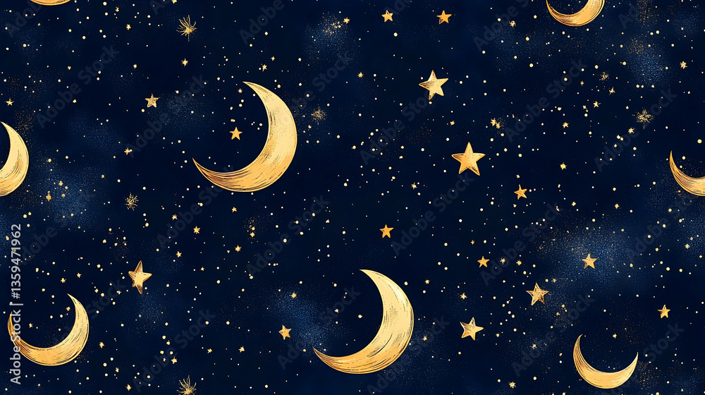 Fototapeta premium Night sky pattern featuring golden crescent moons and stars on a deep blue background, ideal for dreamy designs