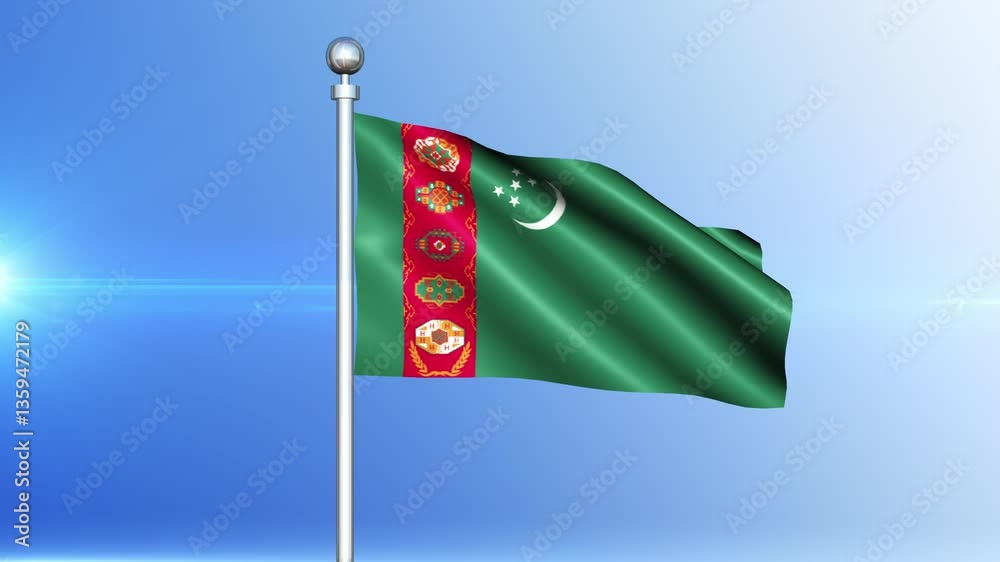 Turkmenistan flag waving on pole seamless loop. Flag of the Turkmenistan