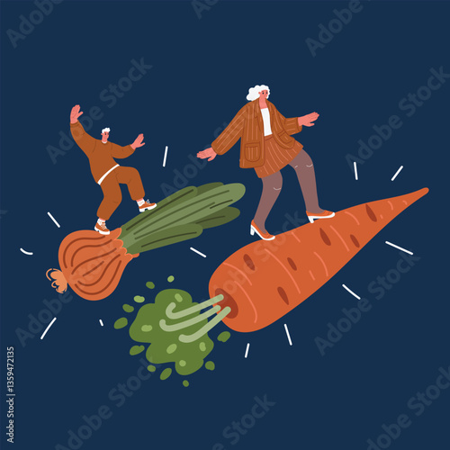 Cartoon vector illustration of a man and woman flying on giant carrot and onion, symbolizing a whimsical journey and the joy of embracing healthy living.