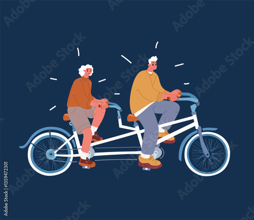 Cartoon vector illustration of a man and woman riding a tandem bicycle, symbolizing teamwork and a shared journey.
