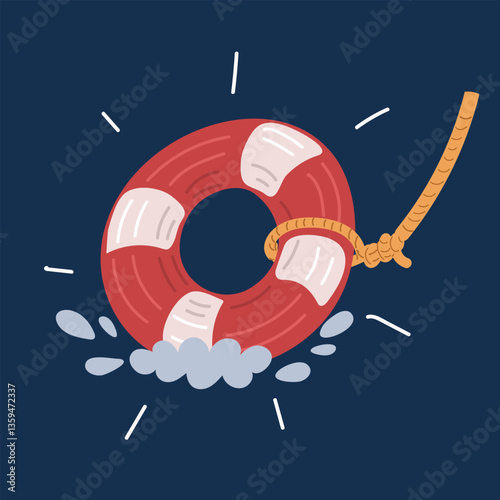 Cartoon vector illustration of a lifebuoy diving into water, embodying swift rescue and dynamic safety.