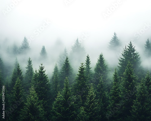 Dense green trees shrouded in atmospheric white misty fog