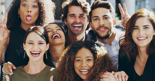 Friends, hug and laugh with business people in office together for love, support or team building. Comic, diversity and portrait with employee group smile in company workplace for bonding joke