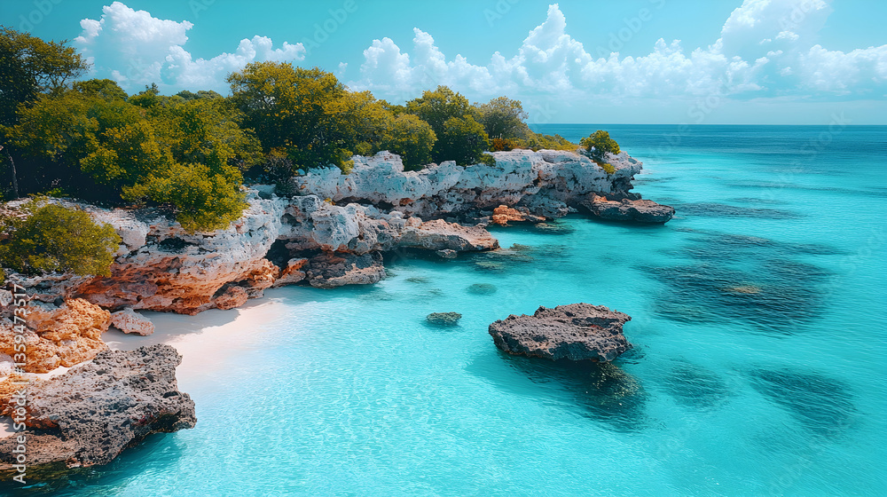 Fototapeta premium Aerial view captures the serene coast rock formations lush vegetation and turquoise waters under a cloud-dotted sky