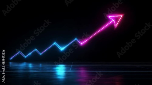 Dynamic animation background, glowing upward trend graph in red and blue neon lights, financial growth