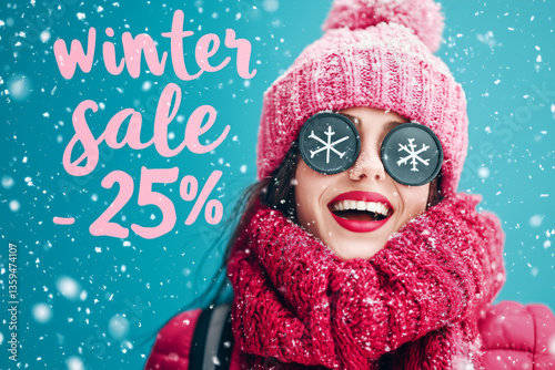 Joyful Woman Wearing Pink Winter Hat And Scarf With Snowflake Eyes And Winter Sale Text On Turquoise Background