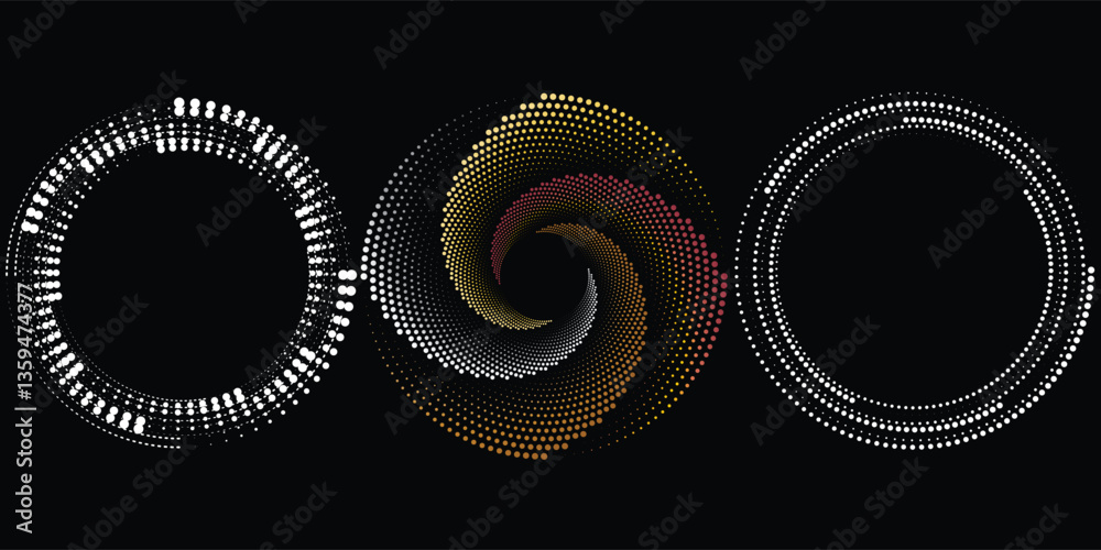 Halftone circular dotted frames set. Circle dots texture isolated on white background. Spotted spray texture. Vector abstract design element spiral circle sound wave vector dots circle Halftone circular dotted frames set. Circle dots texture isolated on white background. Spotted spray texture. Vector abstract design element spiral circle sound wave vector dots circle