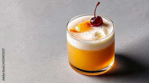 Bright yellow cocktail topped with creamy foam and cherry adds vibrant touch to setting