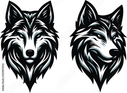 Wolf head tattoo and wolf logo illustration in modern style with sharp lines