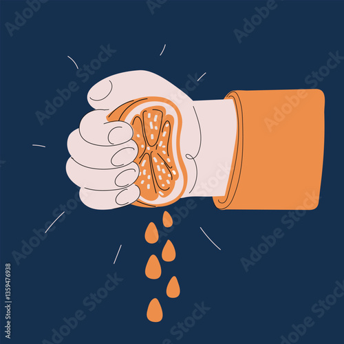 Cartoon vector illustration of a hand squeezing fresh orange juice, bursting with zest and the vibrant energy of natural flavors.