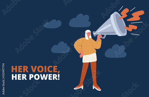 Cartoon vector illustration of a determined woman shouting into a megaphone, leading the charge for unstoppable feminist empowerment and change.