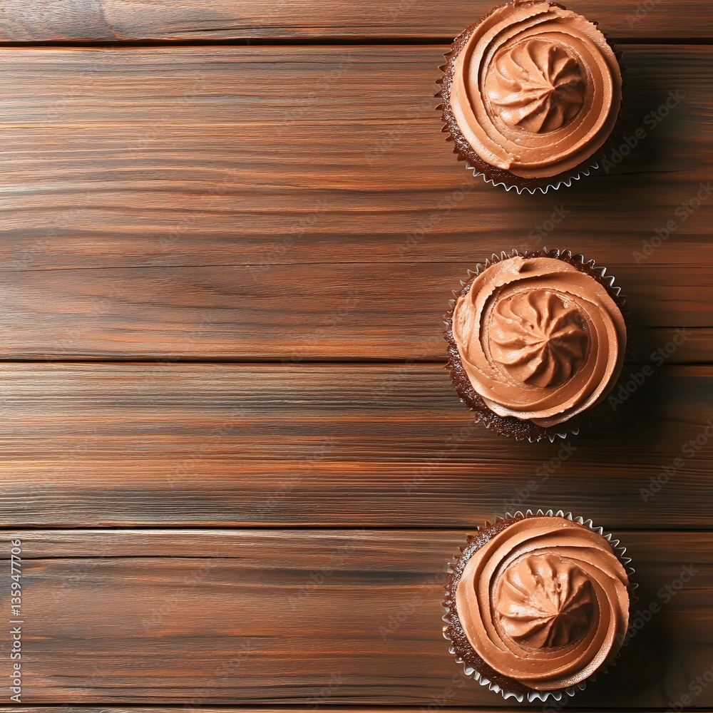 Fototapeta premium Three Chocolate Cupcakes on Wooden Background Delicious Dessert