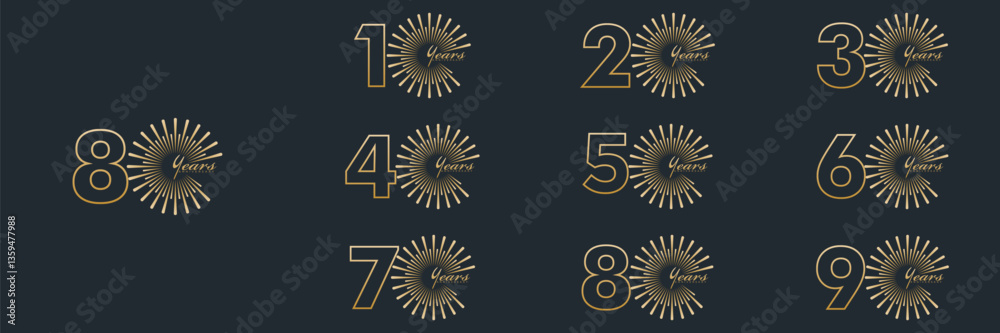 Fototapeta premium collection anniversary 10 to 90 year logo designs. abstract number, vector illustration. gold logo and black background