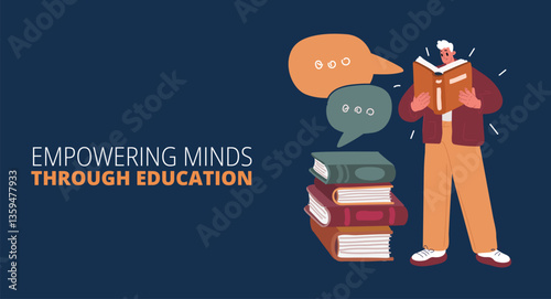 Cartoon vector illustration of a man reading a book, surrounded by a stack of books, symbolizing a deep love for literature and learning.