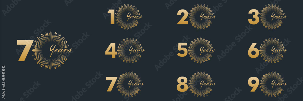 Fototapeta premium collection anniversary 10 to 90 year logo designs. abstract number, vector illustration. gold logo and black background